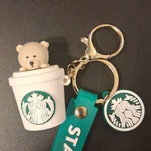 Starbucks Green Logo Strap Keychain with Cup and Bear Charms New